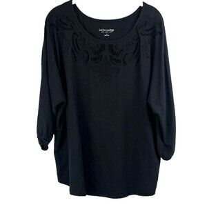 Soft Surroundings Women's Top 1X Solid Black 3/4 Puff Sleeve‎ Lace Cotton Blend